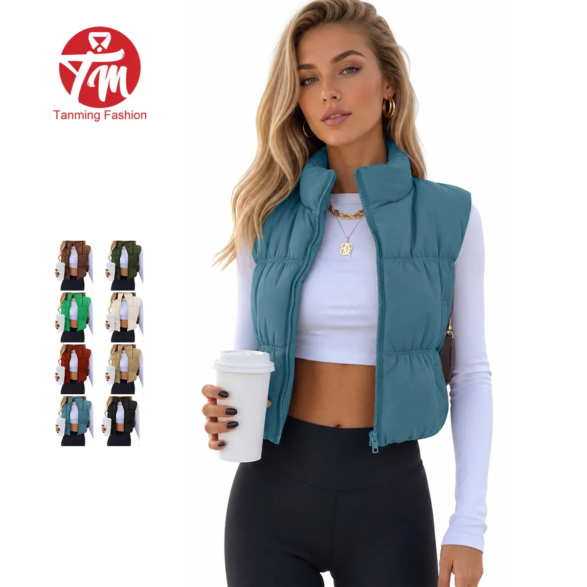 Tanming Women's Fitted Casual High Neck Cropped Puffer Vest - Zip Up, Lightweight, Sleeveless, Water-Resist Nylon Padded Gilet with Pockets - Women's Tops for TikTokShop Black Friday