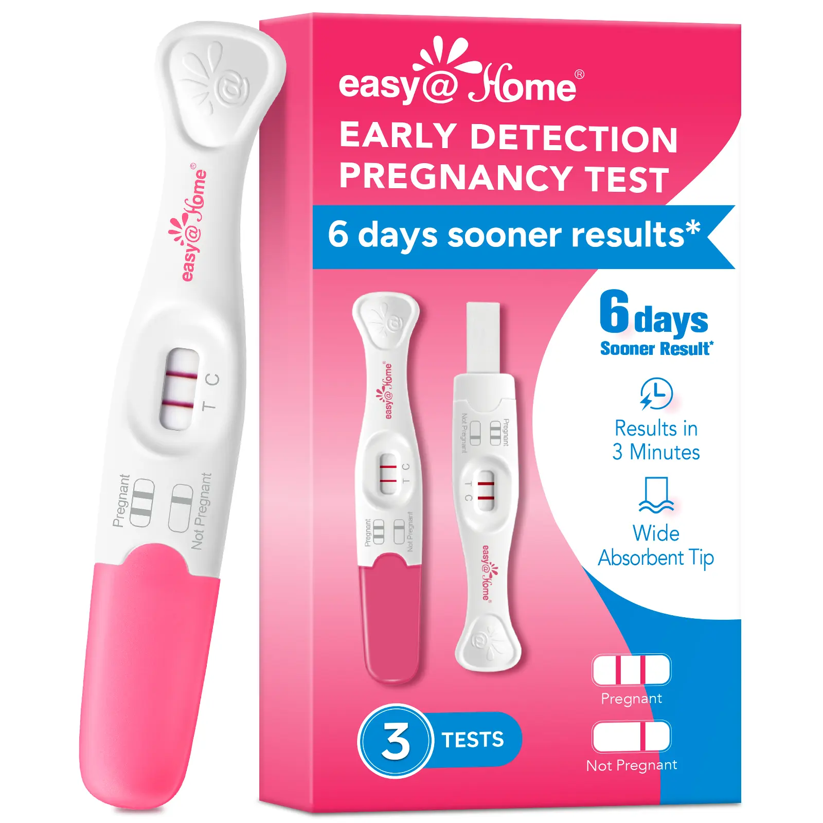 Easy@Home Early Pregnancy Test: 6 Days Sooner Result* 10 mIU/mL Sensitivity Early Detection Pregnancy Stick - Fast & Rapid hCG Tests for Women