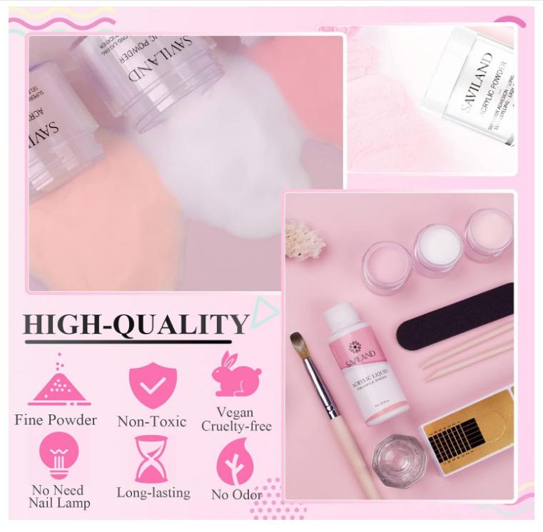 Saviland Acrylic Nail Starter Kit: Clear Pink Nude Acrylic Powder & Liquid, Brush, Files, Forms, Press On Nails, Home Practice Set