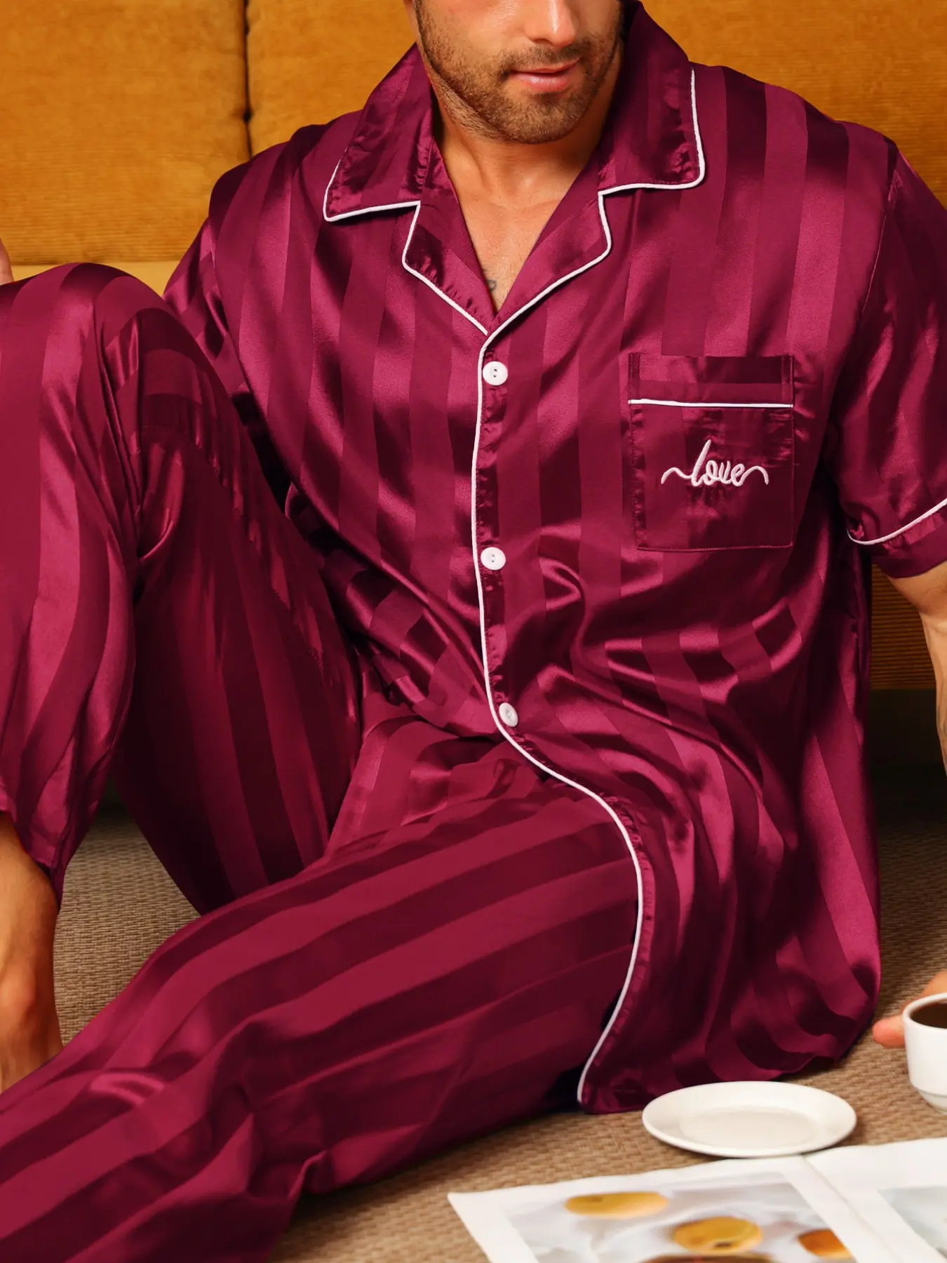 Men's Summer Ice Silk Sleepwear Set, Pajama Set, Pjs, Short Sleeve + Long Pants Two-Piece, Casual Youth Home Wear, Loungewear, Pajamas Set, Outerwear Available