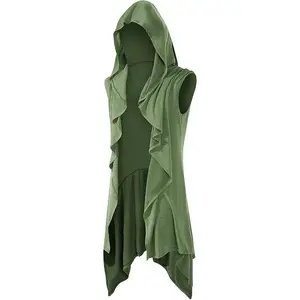 Runcati Mens Hooded Cardigan Sleeveless Ruffle Shawl Collar Open Front Knit Drape Robe