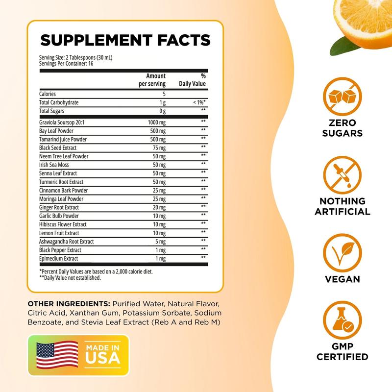 Serene Herbs Soursop Bitters Liquid Orange with Soursop Leaves for Gut Cleanse, Detox, Digestive Wellness & Immune Boost with Black Seed, Moringa, Irish Moss, Ashwaganda, Turmeric (16 FL oz, Orange)