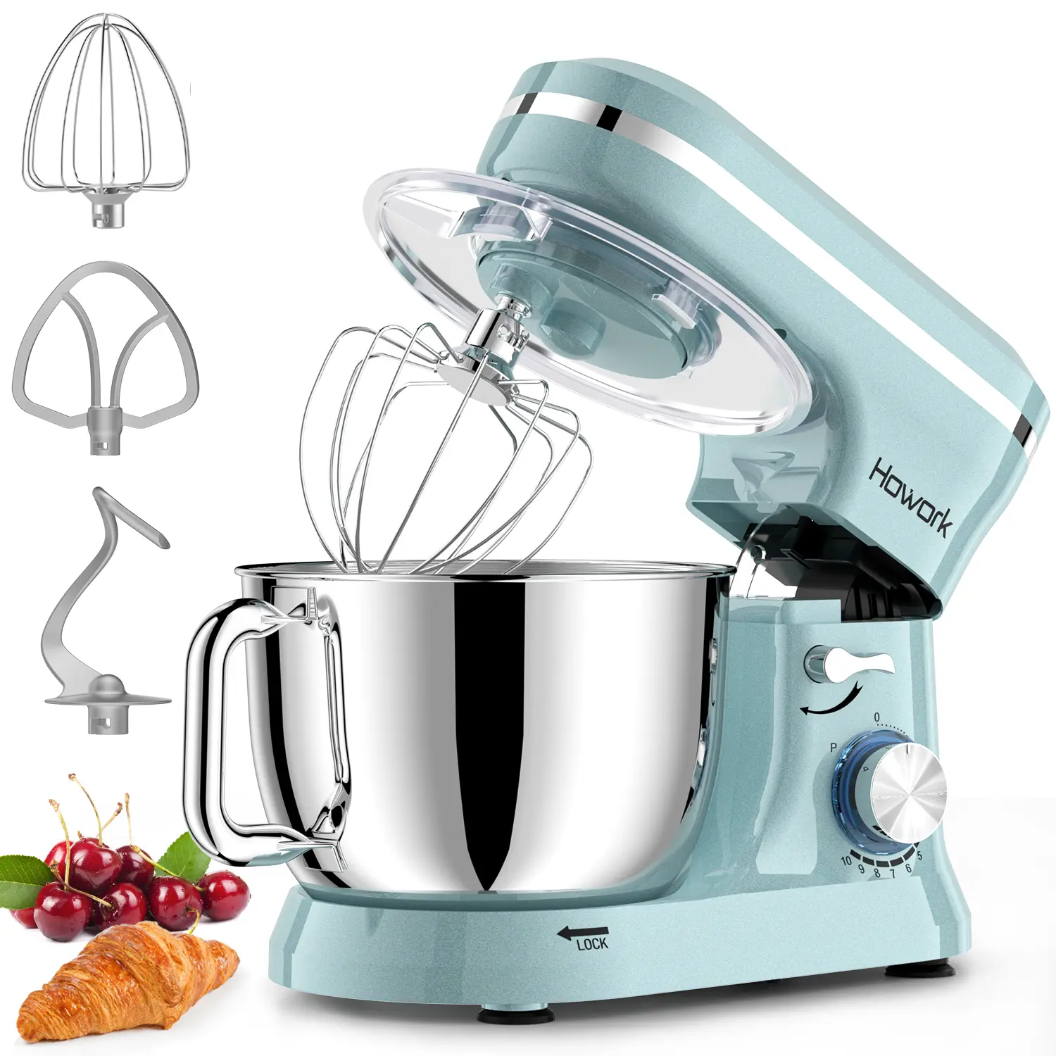 HOWORK Heavy Duty Kitchen Stand Mixer - 10+ Speeds, 6.5qt Large Size Stainless Steel Bowl, Fold Function, Bread Mixer Machine, with Dough Hook, Wire Whip, Beater, Suction Cups, for Baking