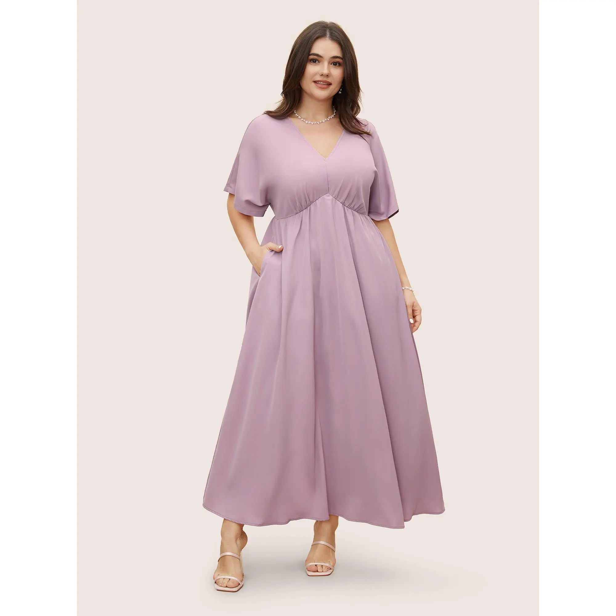 【Pocket Approved】 BLOOMCHIC Solid Batwing Sleeve Elastic Waist Dress Casual Fit Swimweek Garment,Summerfinds