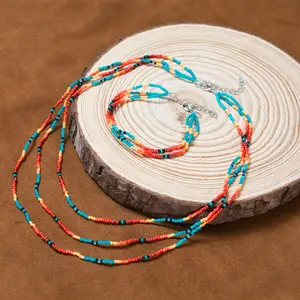Native American Beaded Jewelry Set - Long Seed Bead Necklace & Bracelet Stack - Tribal Boho Aesthetic