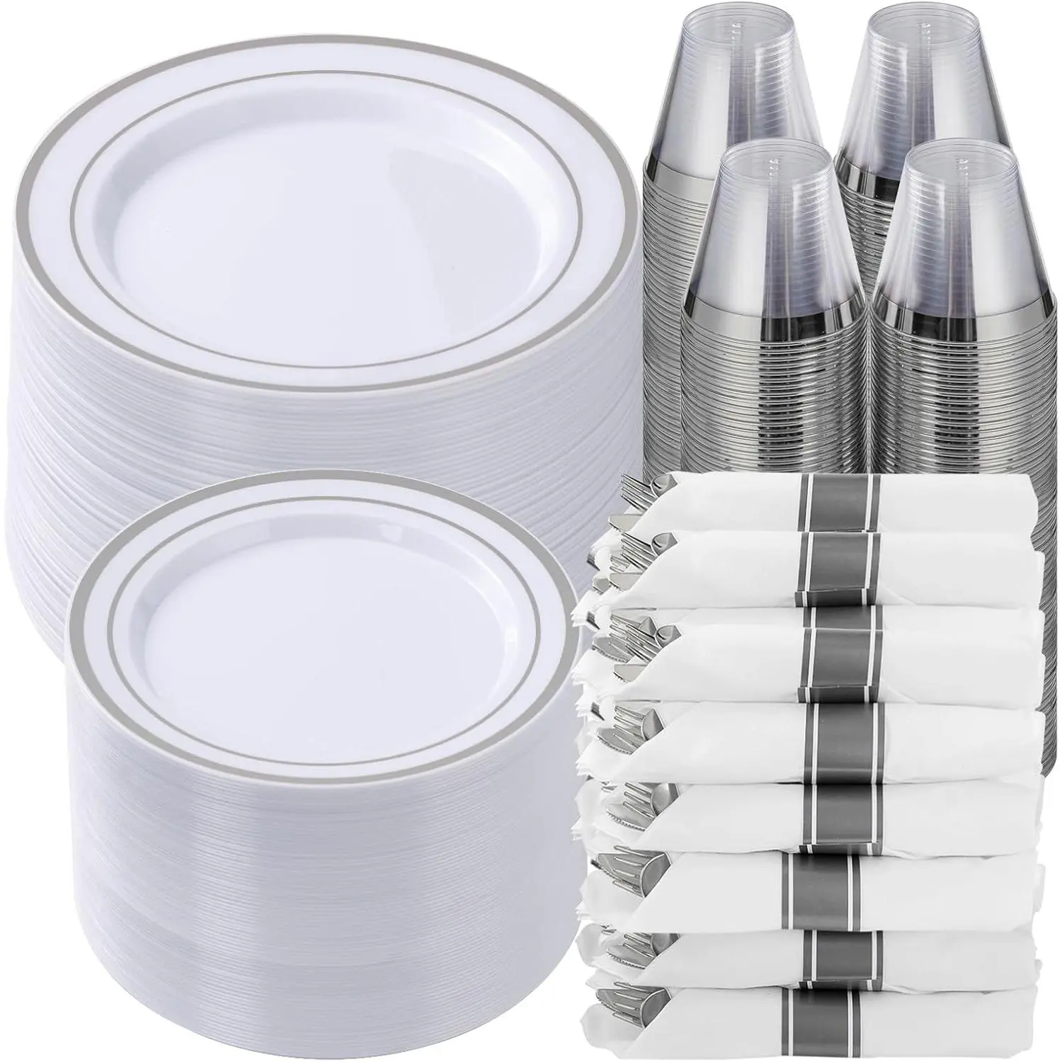 Goodluck 700-Piece Silver Disposable Dinnerware Set for 100 Guests, Party Plates Cups Cutlery and Pre-Rolled Napkins