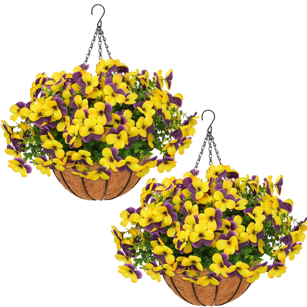2 Pcs Artificial pansy hanging plant basket, perfect for summer outdoor decoration, made of realistic silk material, UV-resistant, featuring vibrant daisies and eucalyptus leaves, suitable for porches, homes, patios, balconies, and gardens. tiktokshopspri
