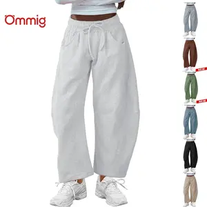 Ommig Women's Barrel Leg Sweatpant Drawstring Elastic Waisted Wide Leg Pants Casual Cotton Palazzo Trousers with Pockets