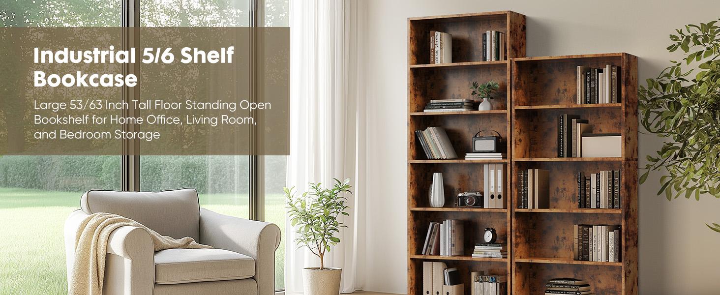 Sweet Furniture F 5/6 Shelf Bookcase Open Industrial Bookshelf Large Storage Floor Standing 53 Inch Tall Bookcase for Home Office, Living Room, Bed Room