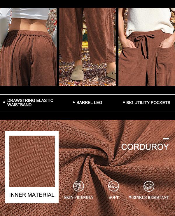 TARSE Women’s Corduroy Wide Leg Pants Baggy Minimalist Boho Pants Casual Elastic Waisted Palazzo Harem Pants with Pockets Trendy Barrel Trousers Womenswear Loose