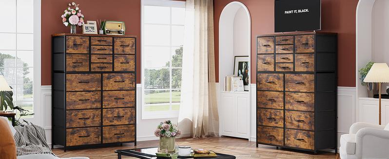 [New Year Gift]RaybeeFurniture 16 Drawers Dresser for Bedroom, 57" H Tall Dresser Organizer for Bedroom, Large Fabric Dressers & Chest of Drawers with Sturdy Metal Frame, Wood Top for Closet, Entryway, Hallway, Bedroom, Living Room