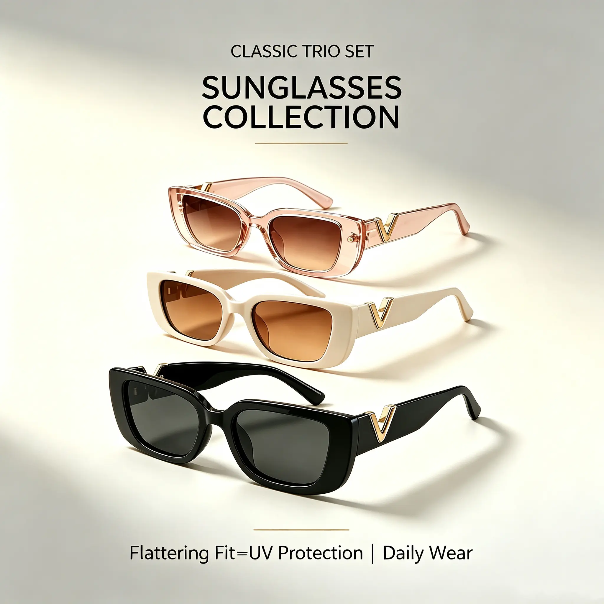 Unisex 3-Pack Luxury Gold V Logo Chunky Frame Sunglasses, UV400 Protection, Square Face Fit, Slimming Vintage Shades, Daily Wear Womens Sunglasses, Uv400 Lens, Sun Protection