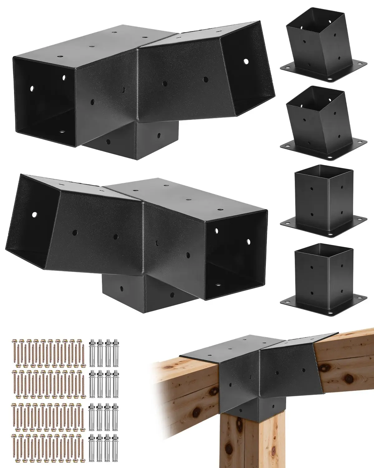 2-pcs 4x4" Pergola Bracket Kit – 3-Way Slanted Design for 3.5x3.5" Actual Wood Beams, Includes 2 Post Bases + 2 Wall Mounts for Outdoor Pergolas, Gazebos & Shed Structures