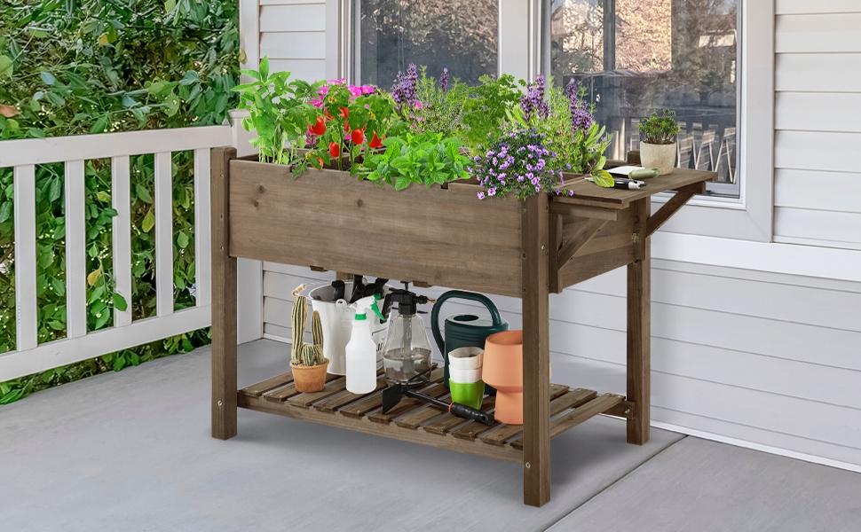 【Foldable Table Ledge】Yaheetech Solid Wood Elevated Garden Bed Planter Box with Removable Grow Grids, Fabric Inner Liner 【Foldable Table Ledge】Yaheetech Solid Wood Elevated Garden Bed Planter Box with Removable Grow Grids, Fabric Inner Liner