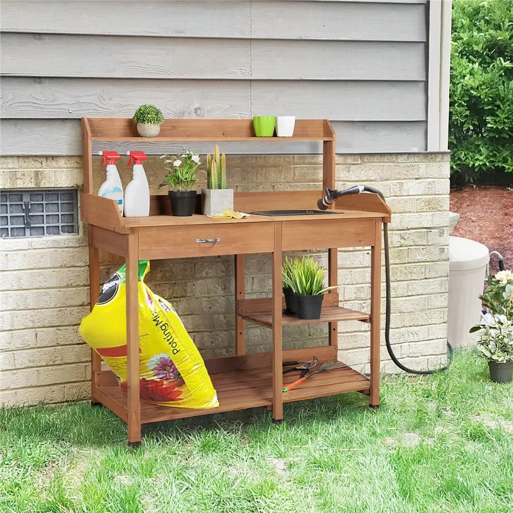 Costoffs All-in-One Garden Potting Bench with Sink & Tool Drawe, Solid Wood Work Bench Station with Storage Racks for Patio & Backyard