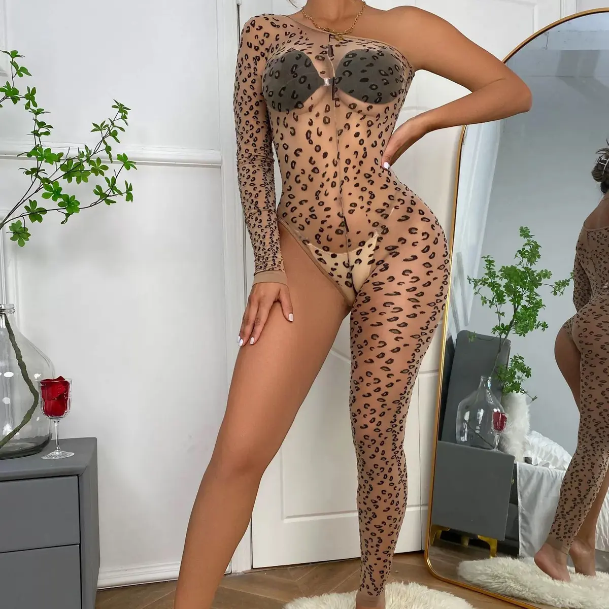 Women's Sexy Sheer Leopard Print Bodysuit - One-Shoulder Long Sleeve, One-Leg Skin Tone See-Through Teddy Jumpsuit Womenswear