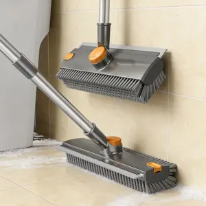 3 in 1 Floor Scrub dusting Brush,Floor Scrubber with Squeegee and Tweezer, Push Broom with Long Handle,Heavy-Duty Stiff 90° Bristle Broom for Patio,Shower, Garage,Deck,Tile, Concrete & Wood Surface, Cleaning Tile Wall Deck Bathroom Patio Garage Kitchen