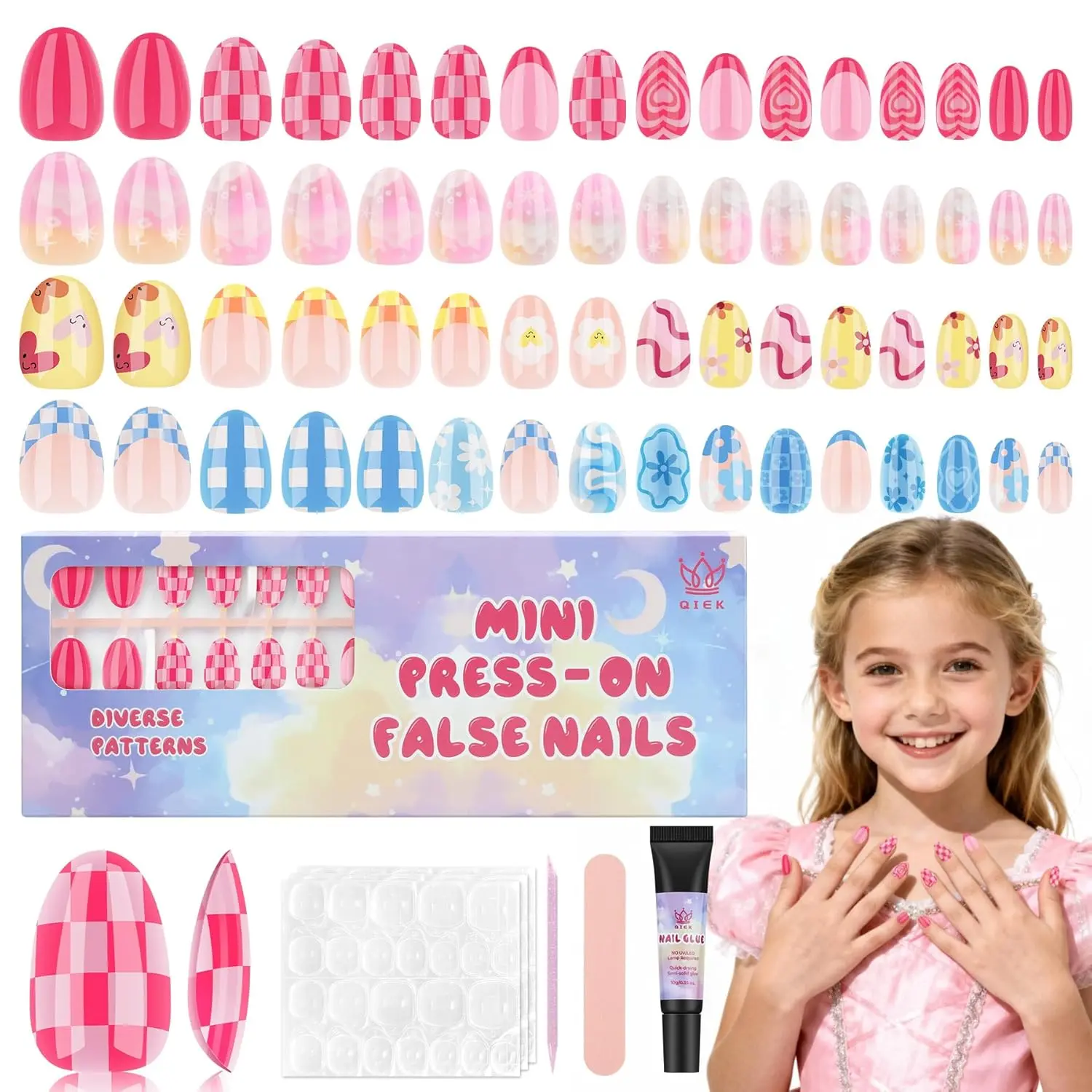 Qiek Press on Nails Kit for Kids, 4 pack 16 Sizes 128 Pieces Kid Fake Nail Kit Colorful Flower Almond Fake Nail Tips for Girls 8-12 Years Old with Jelly Nail Adhesives & Nail Builder Glue Birthday Gifts Holiday Haul