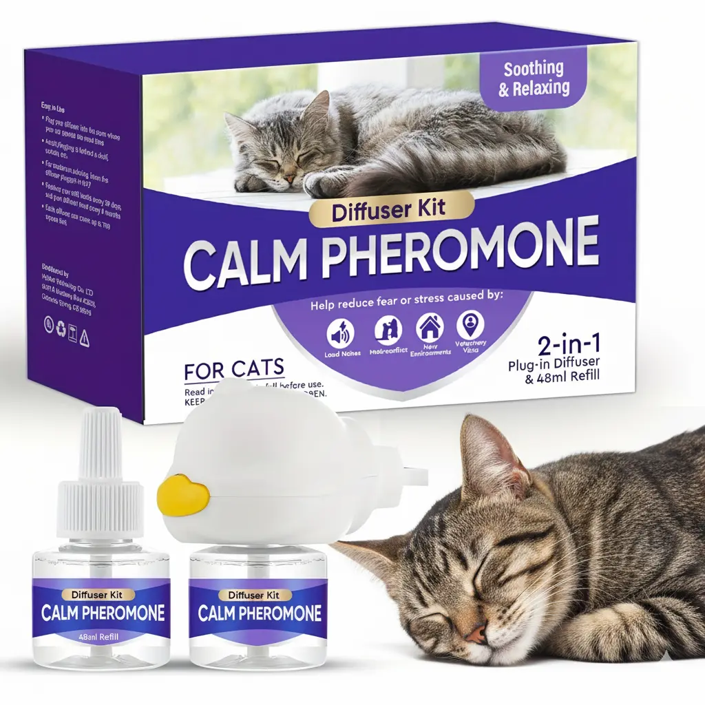 Cat Calming Pheromone Diffuser Kit - Odorless Safe Simple Plug-in for Anxiety Relief - Reduces Scratching, Urine Marking, Anxieties - Ideal for New Environments, Loud Noises - 2-in-1 Starter Kit with 48ml Refill