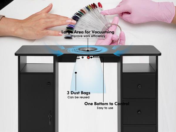 Nail Beauty Manicure Desk with Electric Downdraft Vent Wrist Cushion Lockable Wheels Storage Drawers & Wooden Handle Black