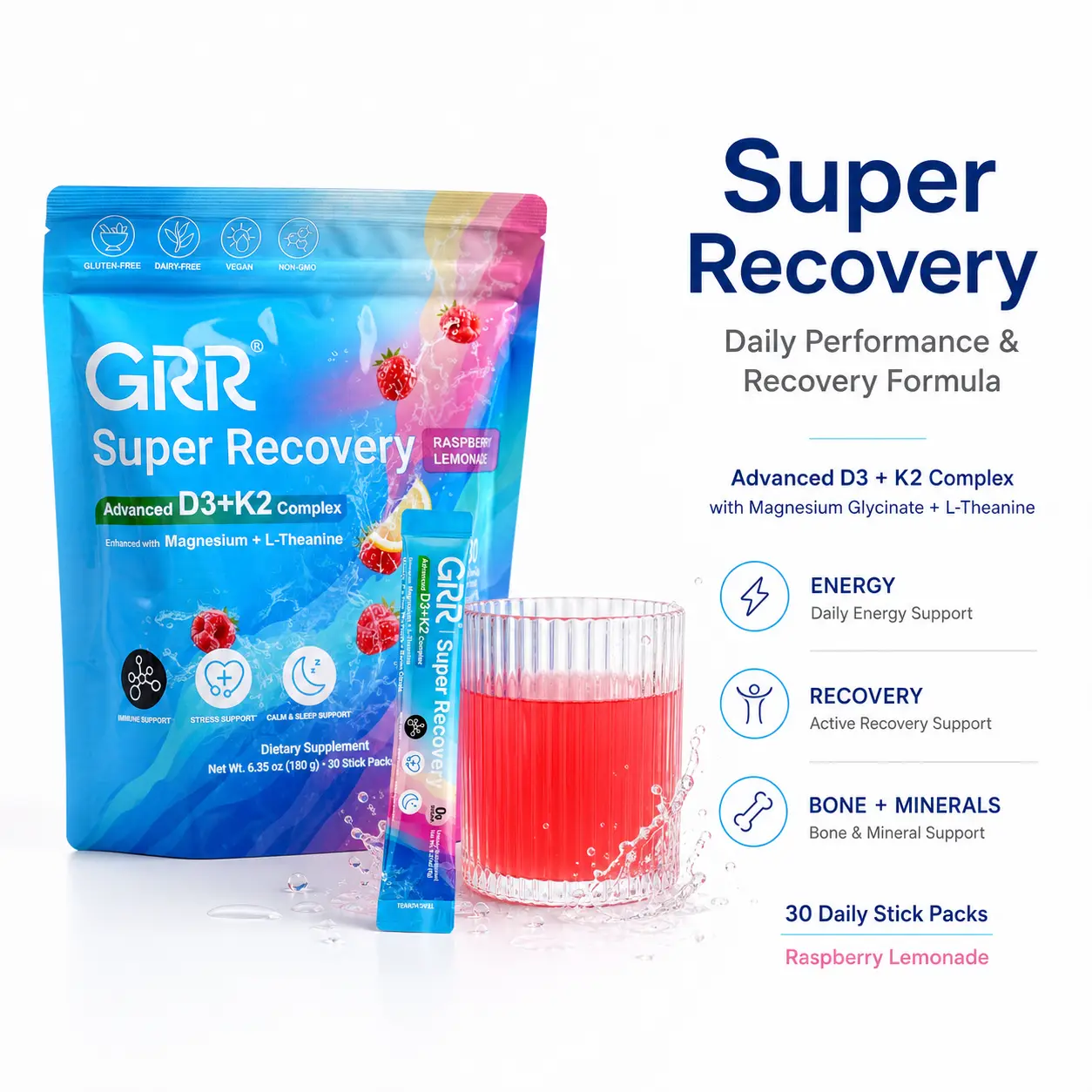 One Daily Stick Instead of Multiple Bottles | GRR Super Recovery Drink Mix with D3 + K2 + Magnesium + L-Theanine | 30 Easy-Mix Packs