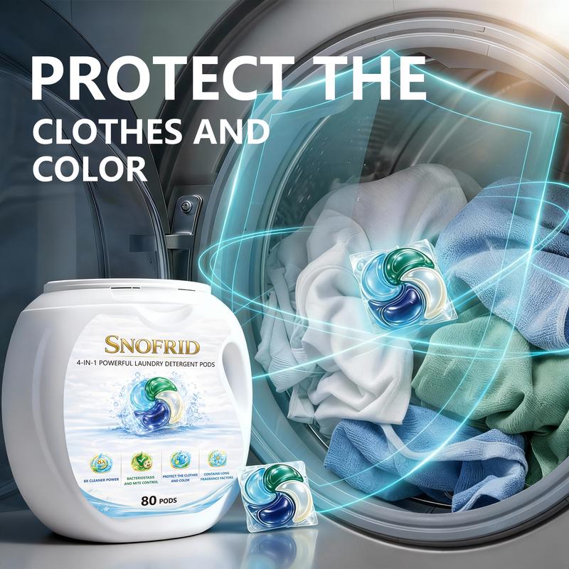 Snofrid 4-IN-1 POWERFUL LAUNDRY DETERGENT PODS,80 pods per tub, Long-Lasting Fragrance, Portable Laundry Detergent Beads for Home & Travel