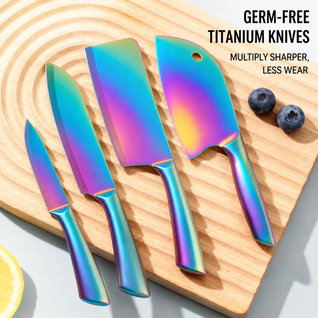 Germ-Free Titanium Knives Set - Multiply Sharper, Less Wear, Rainbow Finish, Durable, Ideal for Cooking