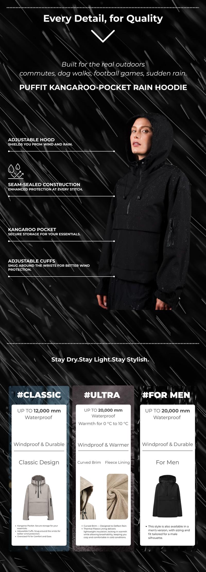 【Restocked】PUFFIT STM-TEX Waterproof Oversized Fall Hoodie Coat Warm Half Zip Rain Jacket with Adjustable Waist, Hood & Cuffs, Jacket Outerwear with Large Kangaroo Pocket for All Seasons Daily Wear,Shell Jacket,Ski Jacket,Plus Size Fit,Spring