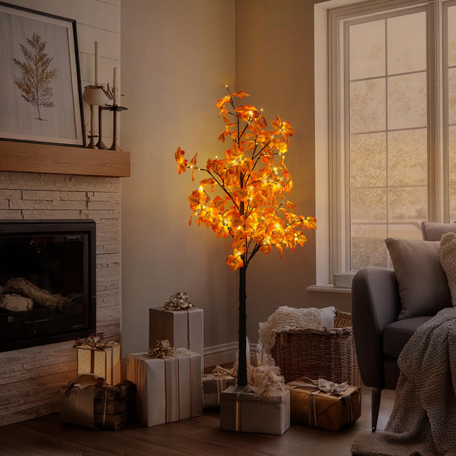 Hoodink 6/7ft Lighted Maple Tree with 96/160 Warm White LED Lights - Indoor Decorative Twig Tree for Home, Bedroom, Christmas Holiday Decor,Lighted Twig Tree, Decorative LED Tree, Warm White Glow, Birch Wood Aesthetic, Plastic Birch Foliage