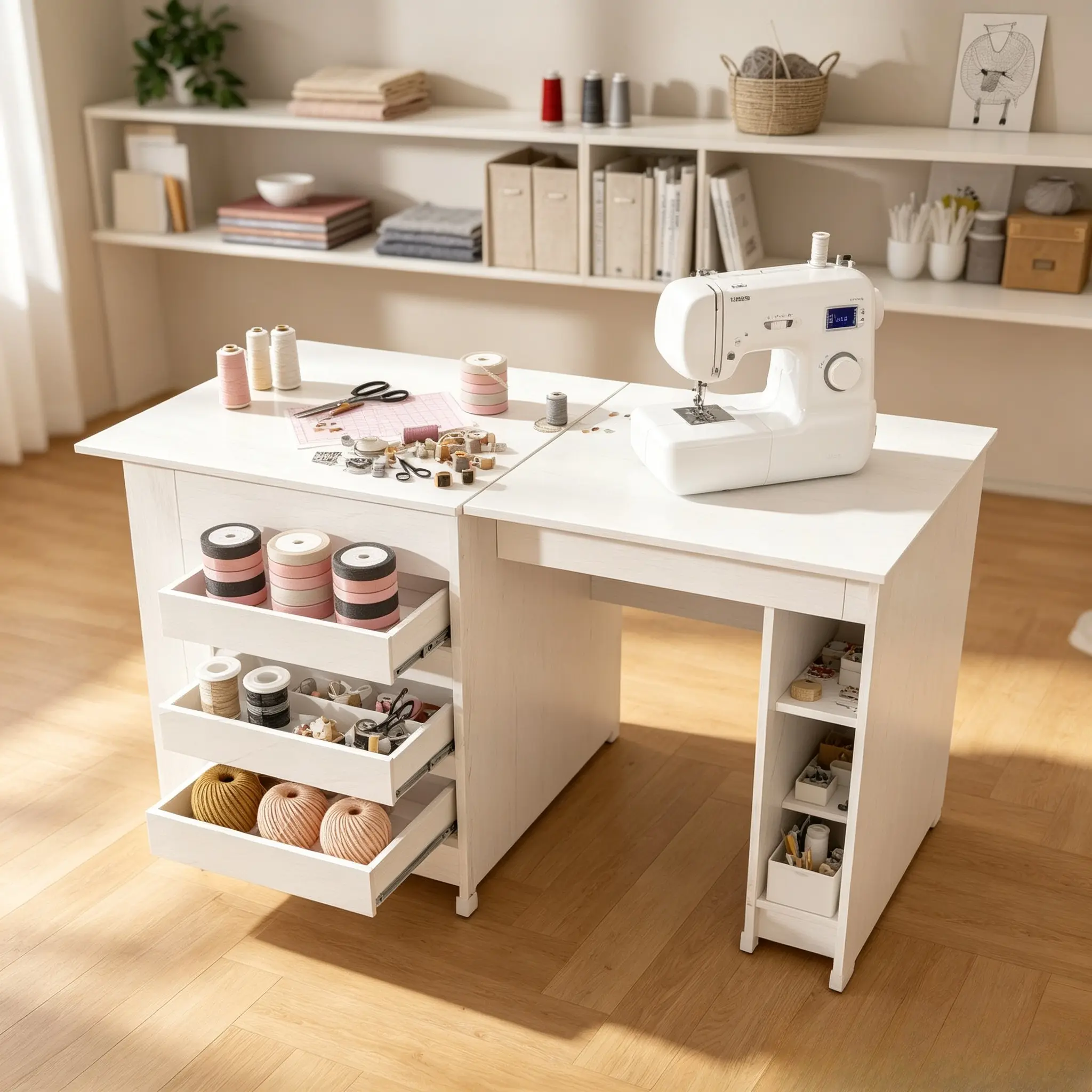 Dufominc 4-in-1 Folding Sewing Table with Lockable Wheels, Multi-Functional Rolling Craft Station, Sewing Machine Table, Computer Desk & Side End Table with Storage Shelves for Small Spaces, Apartments