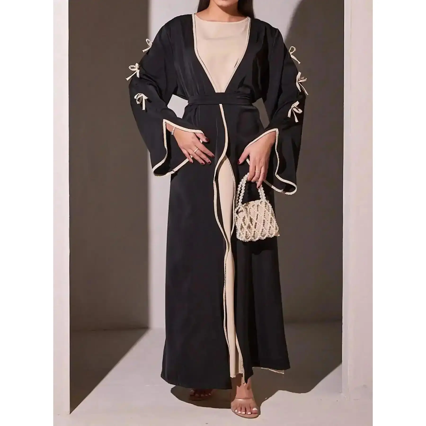 Sleek New Spring Fall Middle East Fashion Simple Bow Arab Long Dress, Modest Muslim Outfits, modesty clothing, Islamic Women Gowns, Pure Color Casual Soft Comfortable Coat & Waist Belt