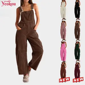 Yeokou  Corduroy Overalls for Women Barrel Wide Leg Bib Corduroy Pants Women Adjustable Romper Jumpsuit with Pockets