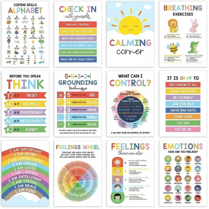 12 Pcs Preschool Mental Health Posters – Laminated Feelings Wheel & Emotion Regulation Charts (10x14) | Calm Corner Decor for Home, Classroom & Therapy Office | SEL Wall Decor to Help Kids Manage Big Feelings
