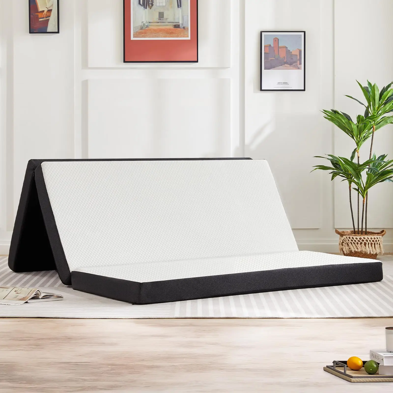 3 Inch Tri-fold Memory Foam Mattress, Portable Foldable Floor Bed，Portable Floor Mattress for Guest/Travel/Camping/Yoga - Queen Size