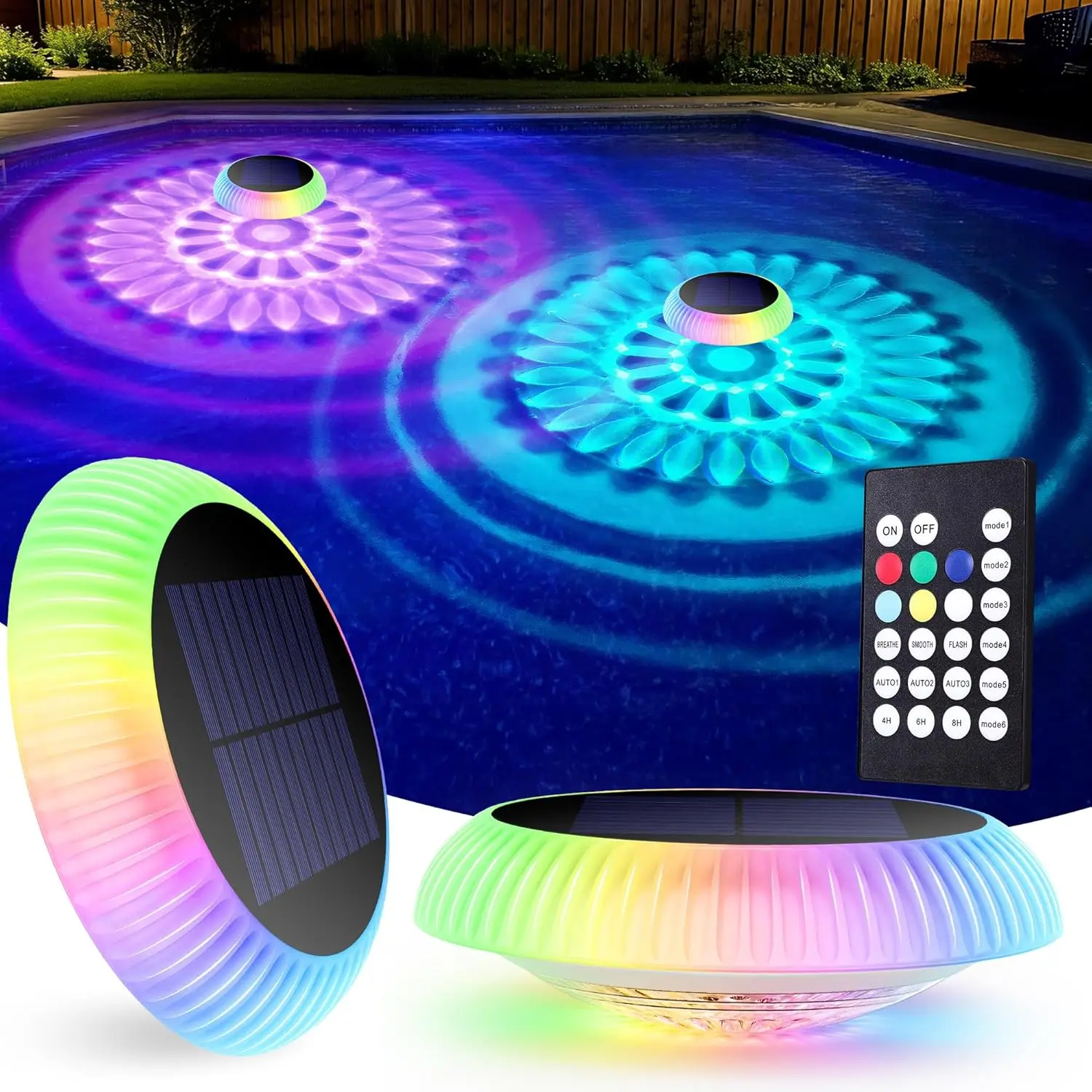 Brizled Solar Pool Lights, 6.4in IP67 Waterproof Floating Pool Lights with Top & Bottom Glow, Color Changing LED Floating Lights with Remote for Inground/Above Ground Swimming Pool, Bathtub, 2 Pack
