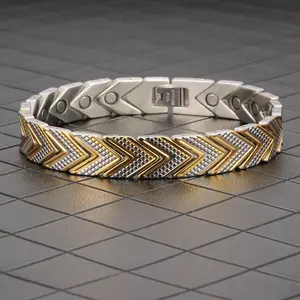Dual-Tone Magnetic Therapy Bracelet | Chevron Stainless Steel Design | For Men Seeking Style & Wellness Support Modern Fashion Accessories