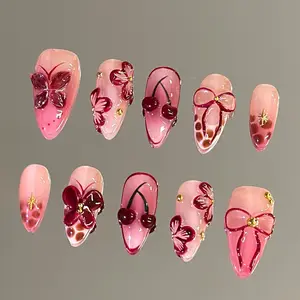 NailVesta RUBY RIBBON – 100% Handcrafted 3D Press-On Nails | Reusable, Long-Lasting, Salon-Quality