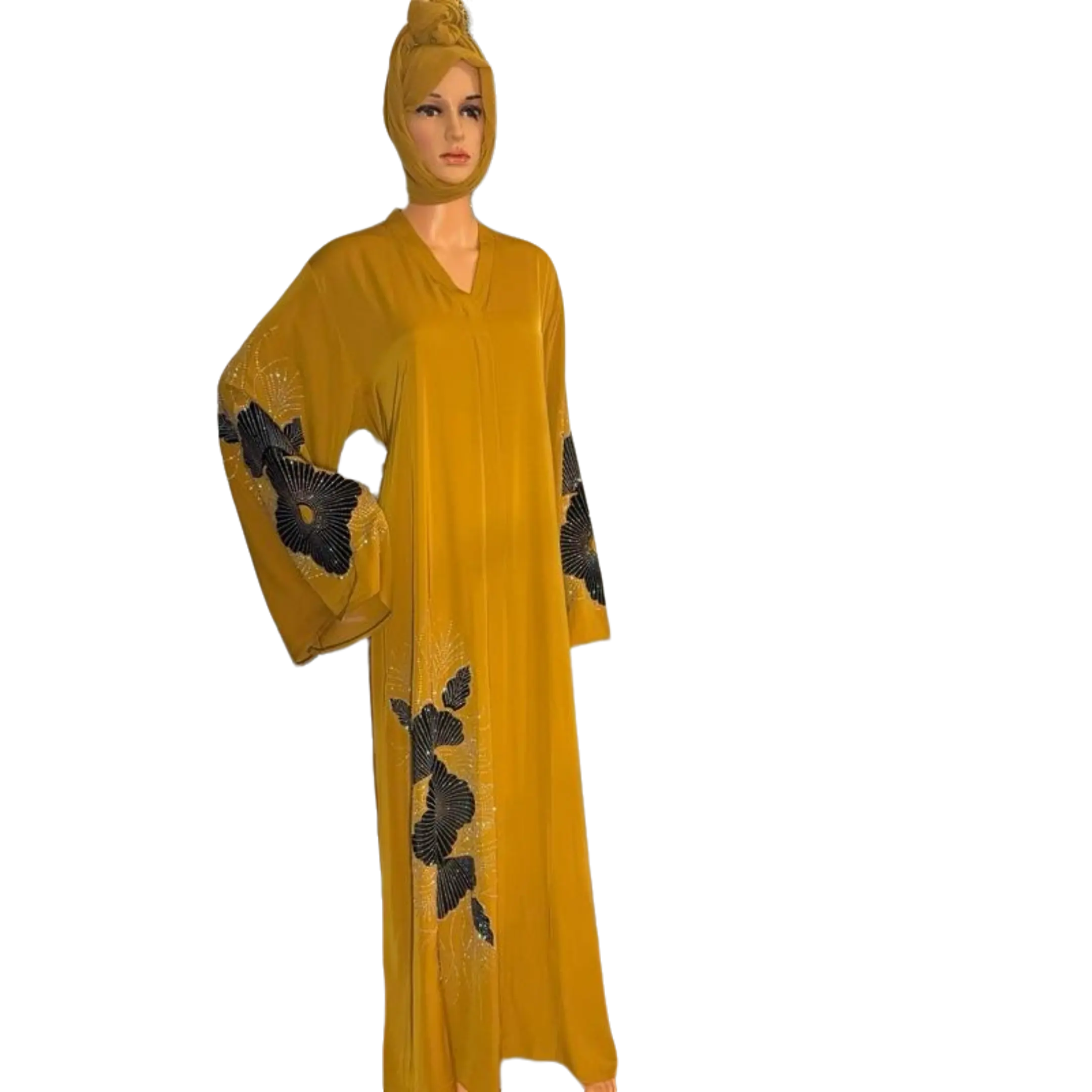 Women's Luxury Yellow Islamic Abaya Set with Belt and Hijab - Chic Modest Fashion Inspo for Special Events, Elegant Design
