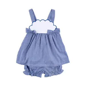 Royal Blue Gingham Tess Bloomer Set - Girls Scalloped 2Pc Outfit with Bows