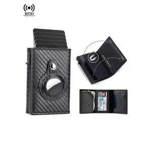 Anti Theft Mens Wallet Credit Card Holder Smart Wallets for Apple Air Tag RFID Blocking Bifold Slim Carbon Fiber AirTag Brown Walet for Men Wallet for Airtag Tracker, Gift for Men, Husband