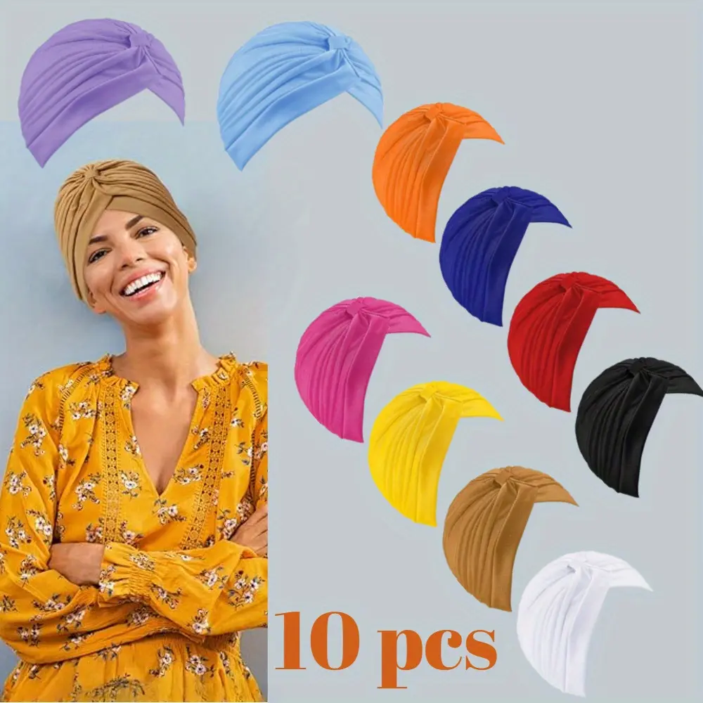 10 Pcs Stretchy Turban Cap Chemo Head Wraps Cancer Headwear Bennie Twisted India's Hat for Women