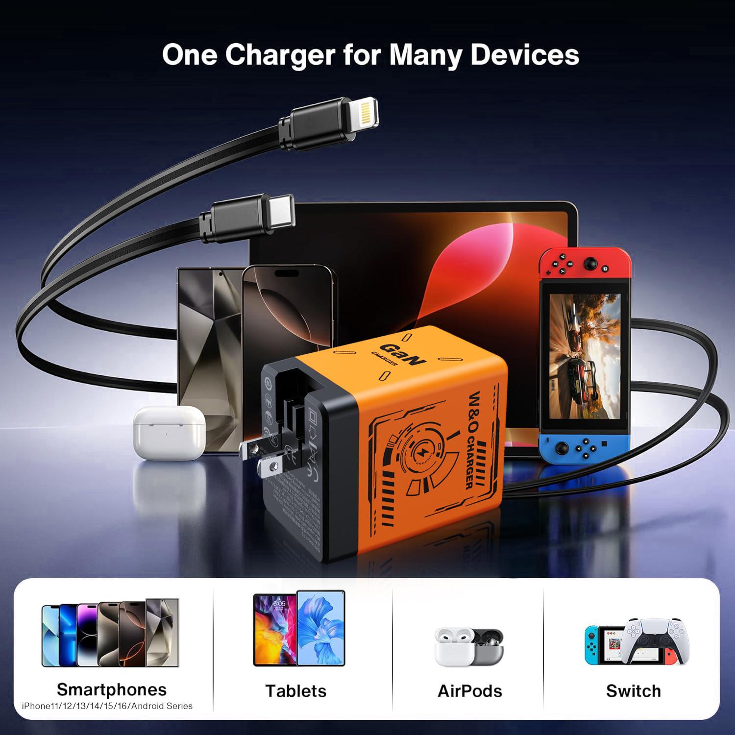 W&O Retractable Travel Charger with Dual Cables GaN Fast Charging Wall Plug for iPhone Galaxy Android Series with Type-C & Lightning Cables