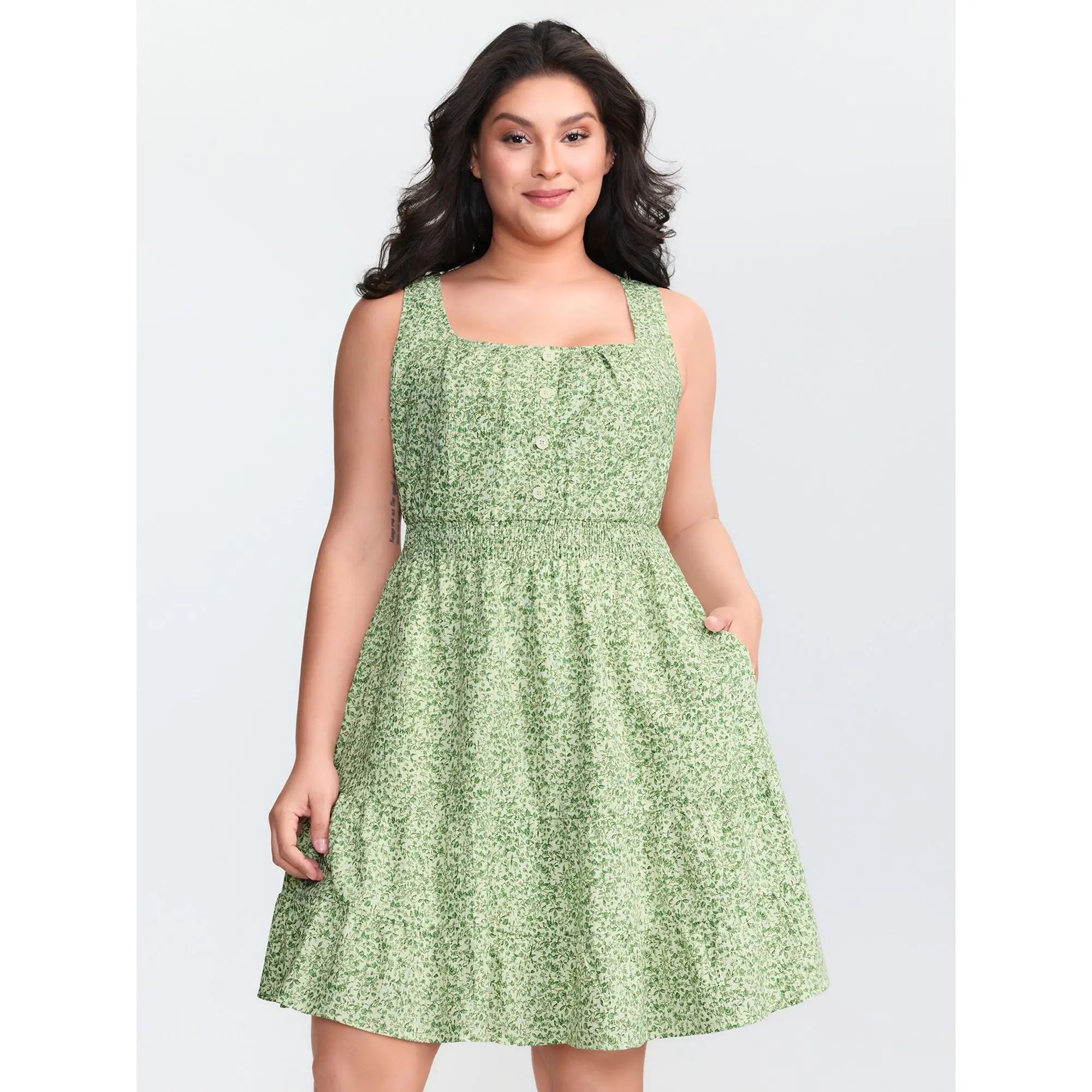 Women's Cottagecore Ditsy Floral Mini Dress, Casual Sleeveless Summer Sundress in Smooth Polyester with Square Neck, Ruffled Hem, and Pocket, Garment, Button, Casual Wear, Fabric, Flowers, Polyester Shell, Cold Wash