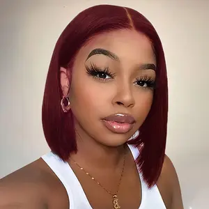99j Burgundy Bob Wig Human Hair 13x4 Lace Front Wigs Pre Plucked 180% Density Red Bob Wigs 99J Straight Human Hair Wigs for Black Women Free Part (10Inch, 99J)