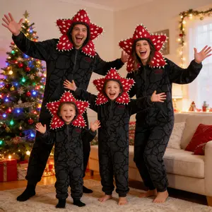 Stranger Things Demogorgon Onesie Fleece Fabric Cosplay Costume Pajamas Kids Adults Hooded Jumpsuit Christmas New Year Sleepwear for Boys and Gilrs Upside Pjs