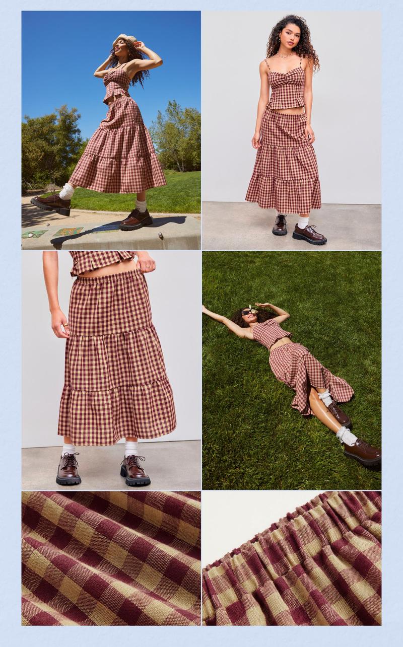 Cider Woven High Rise Gingham Tiered Midi Skirt