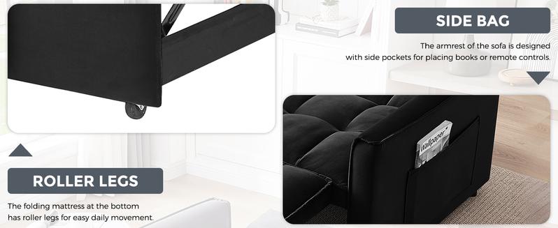 55” 3-in-1 Velvet Convertible Sofa Bed – Modern Double Sofa, Lounge Chair & Sleeper Bed with Adjustable Backrest | Includes Pillows & Storage Bag | Small Space, Apartment & Living Room Furniture | Velvet Futon, Multi-Functional – Easy 20 Min Assembly