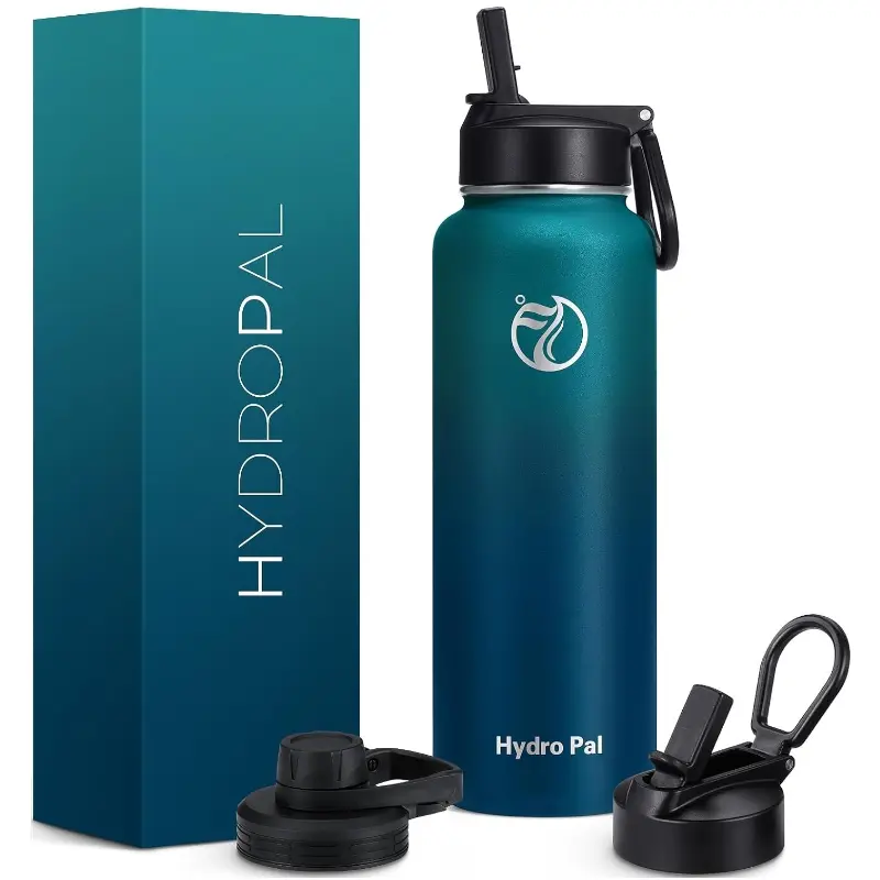 HydroPal 40oz Stainless Steel Water Bottle, Double-Walled Vacuum Insulated, Leak-Proof Spout & Straw Lids, Wide Mouth, Powder-Coated, Tumbler Drinkware #Summervibes
