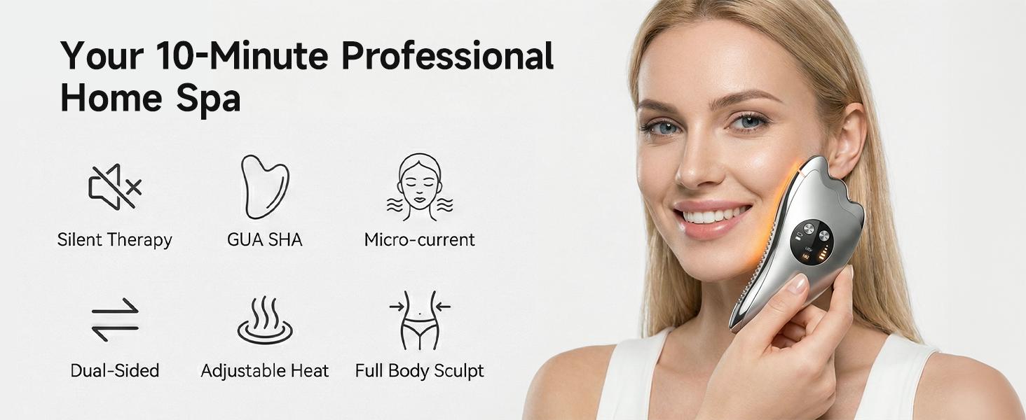 Sunluxy Electric Gua Sha with Microcurrent & Heated, 2-in-1 Dual-Sided face sculpting tool for Chin,Arms, Legs,No-Noise Gua sha Tool for Firming, Sculpting & Skincare