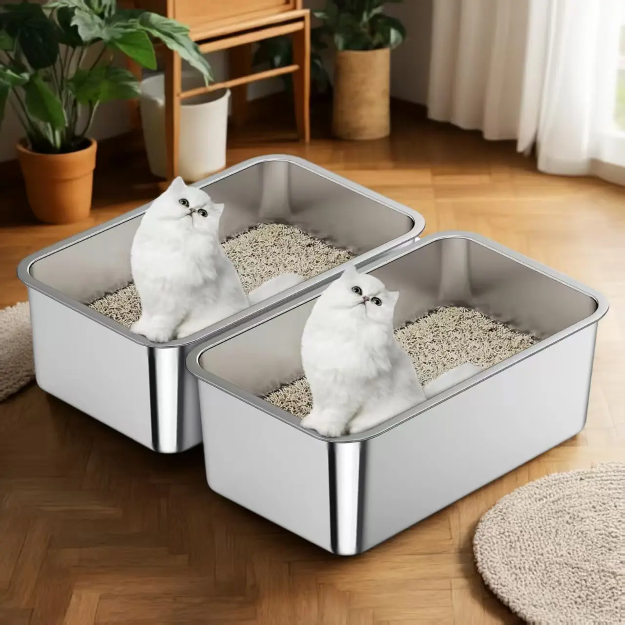 2 Pack Cat Toilet Kitty Litter Box Stainless Steel Cat Litter Box Large Modern Durable Scratch-free Non-stick Odor-Free Easy Clean Litterbox